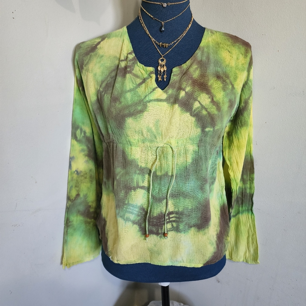 Tie-Dye Long Sleeve Top - Green and Brown